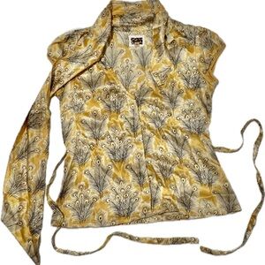 Free People Gold and Cream Feather Print Blouse 100% Silk Size 4